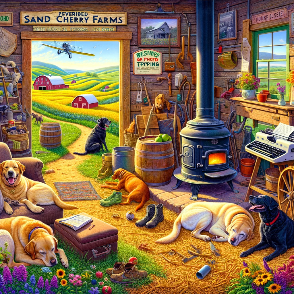 vivid lively farm scene at Sand Cherry Farms in Fort Morgan Colorado on a Sunday morning The image showcases Sasha an adult yellow lab sleepin