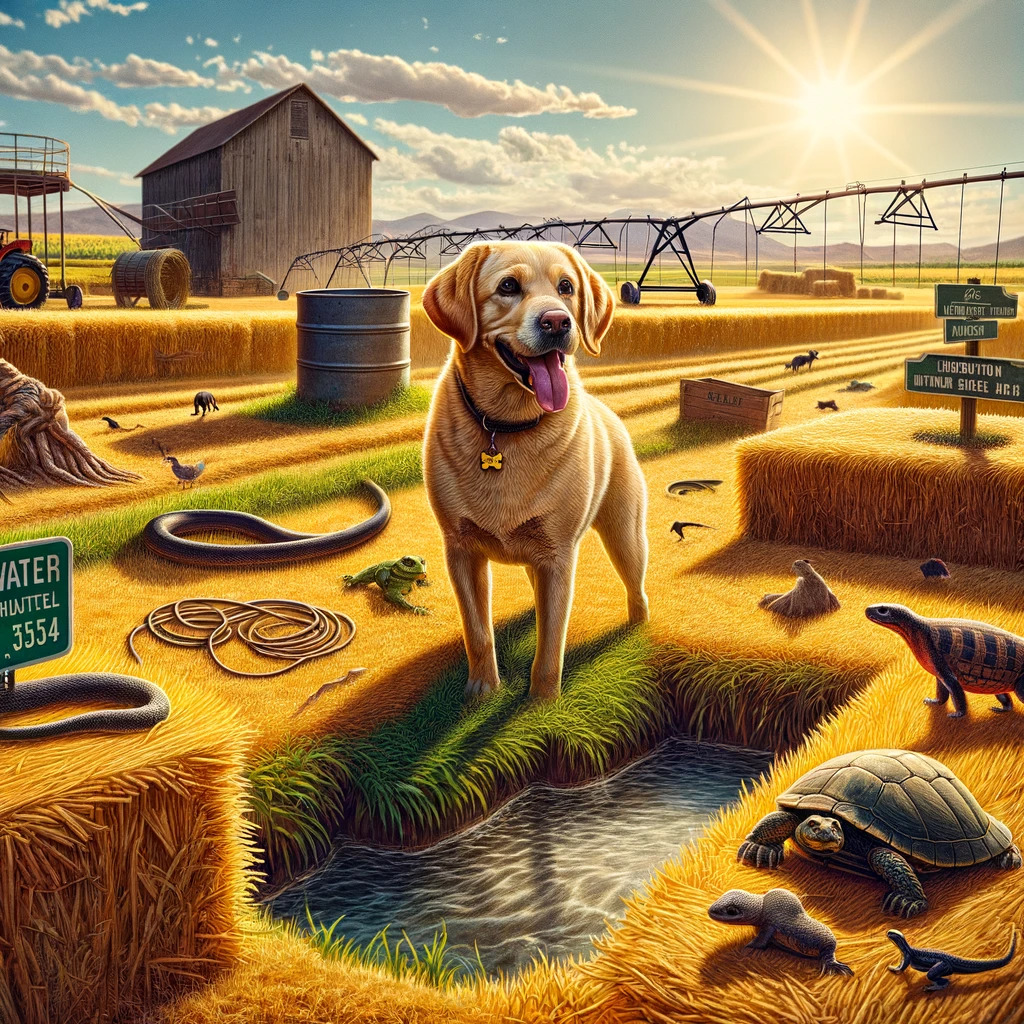 A photo-realistic image of Sasha an adult female yellow lab on Sand Cherry Farms in Fort Morgan Colorado. The scene captures the essence of summer
