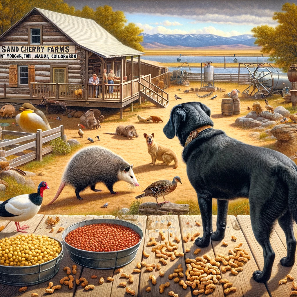 photo-realistic image of Katie a young black female lab on Sand Cherry Farms in Fort Morgan Colorado The scene captures a typical day on the far