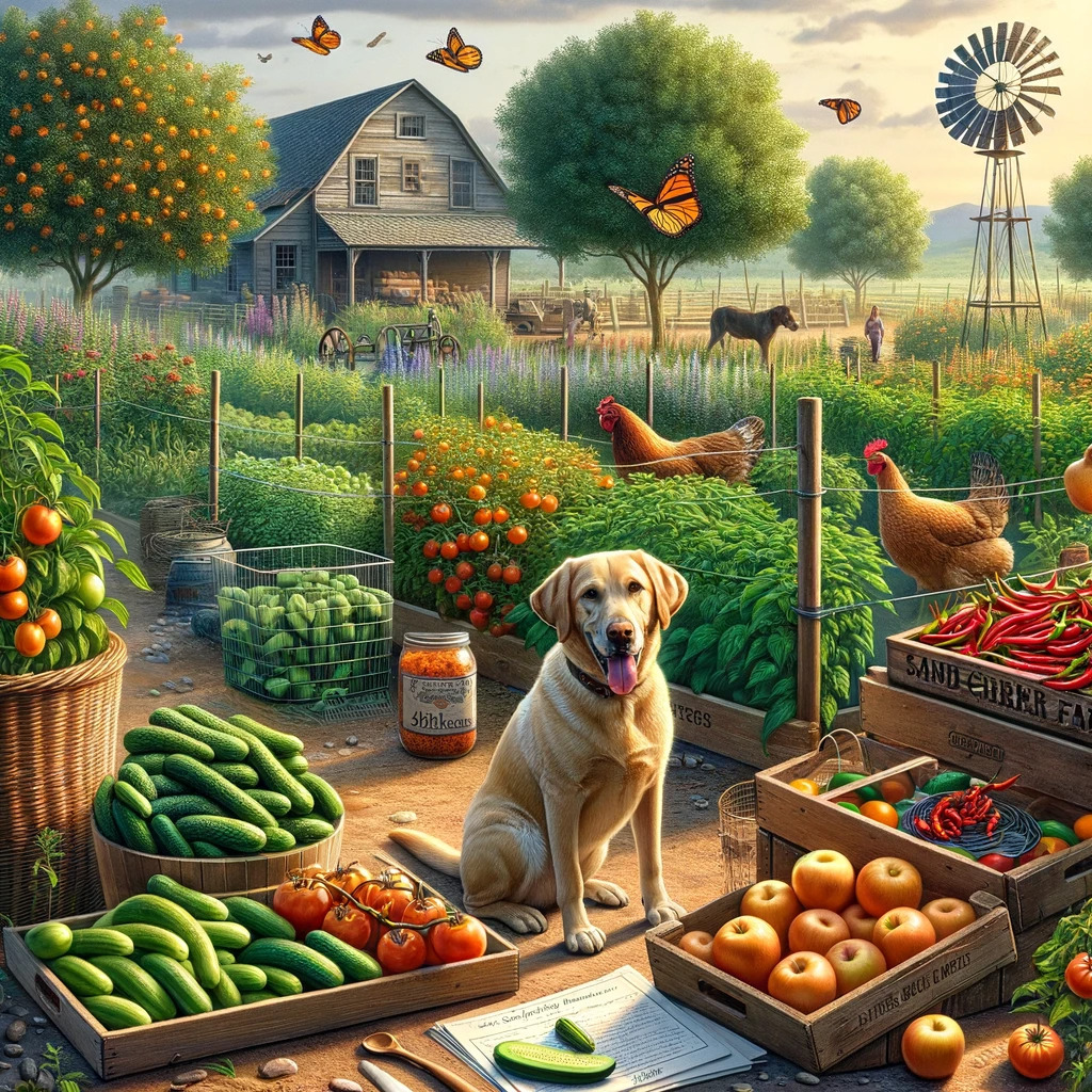 photo-realistic image of Sasha an adult female yellow lab,= on Sand Cherry Farms in Fort Morgan Colorado as described in the letter