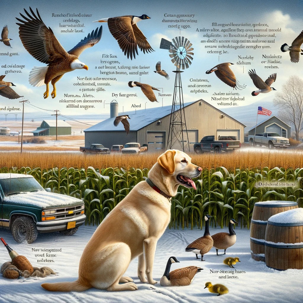 photo-realistic image of Sasha an adult female yellow lab on Sand Cherry Farms in Fort Morgan Colorado capturing a typical day as described in t